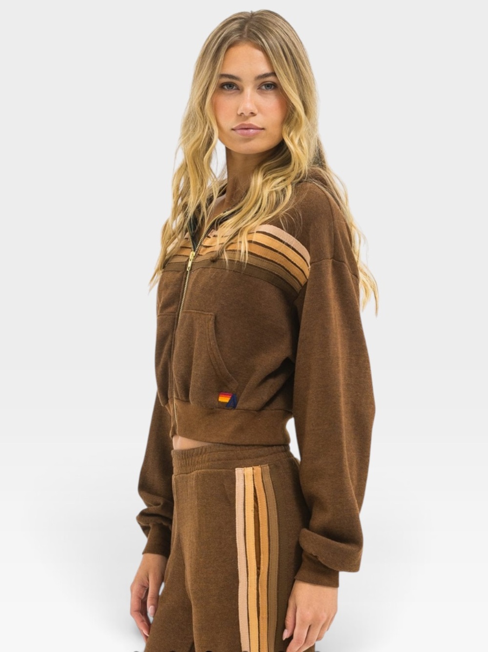Aviator Nation 5 Stripe Cropped Zip Hoodie Chocolate Espresso Size M NWT - Picture 3 of 9